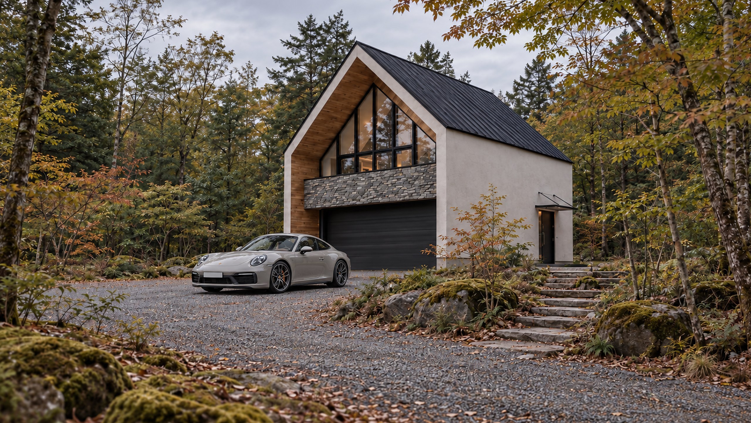 別荘地の林に建つ Biposto と、ガレージ前に停めた車